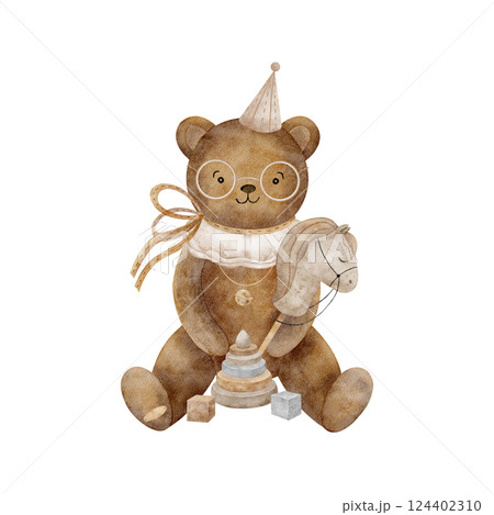 Vintage Teddy bear holding a toy horse on a stick. Watercolor illustration hand drawn in retro style on isolated background for design of children's cards, holiday invitations, posters birthday, hobby Vintage Teddy bear holding a toy horse on a stick. Watercolor illustration hand drawn in retro style on isolated background for design of children's cards, holiday invitations, posters birthday, hobby 124402310
