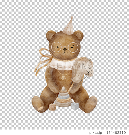 Vintage Teddy bear holding a toy horse on a stick. Watercolor illustration hand drawn in retro style on isolated background for design of children's cards, holiday invitations, posters birthday, hobby Vintage Teddy bear holding a toy horse on a stick. Watercolor illustration hand drawn in retro style on isolated background for design of children's cards, holiday invitations, posters birthday, hobby 124402310