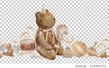 Watercolor border teddy bear sits playing vintage toys horse on a stick, drum, spinning top, cubes. Seamless banner for kids room isolated illustration for design cards parties birthdays invitations 124402312