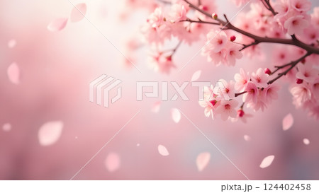 Delicate Peach Blossoms on Branch in Warm Sunset 124402458