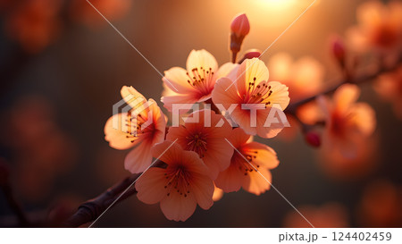 Delicate Peach Blossoms on Branch in Warm Sunset 124402459