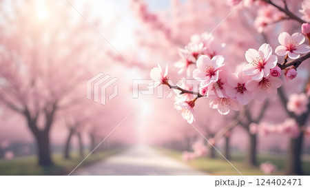 Delicate Peach Blossoms on Branch in Warm Sunset 124402471