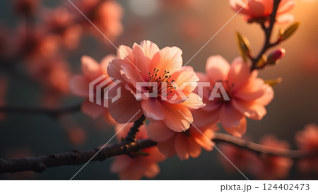Delicate Peach Blossoms on Branch in Warm Sunset 124402473