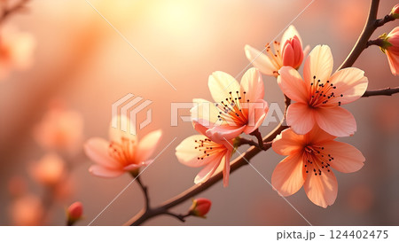 Delicate Peach Blossoms on Branch in Warm Sunset 124402475