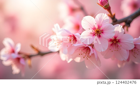 Delicate Peach Blossoms on Branch in Warm Sunset 124402476