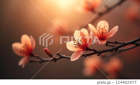 Delicate Peach Blossoms on Branch in Warm Sunset 124402477