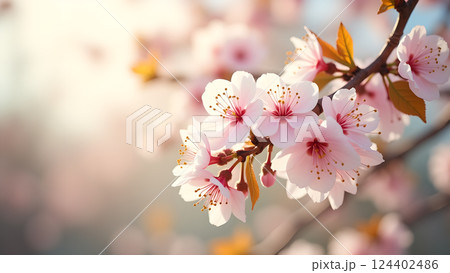 Delicate Peach Blossoms on Branch in Warm Sunset Delicate Peach Blossoms on Branch in Warm Sunset 124402486