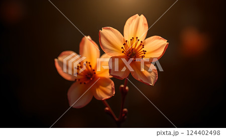 Delicate Peach Blossoms on Branch in Warm Sunset Delicate Peach Blossoms on Branch in Warm Sunset 124402498