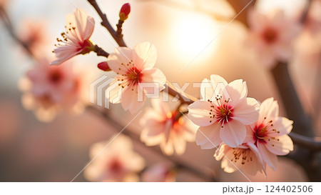 Delicate Peach Blossoms on Branch in Warm Sunset 124402506