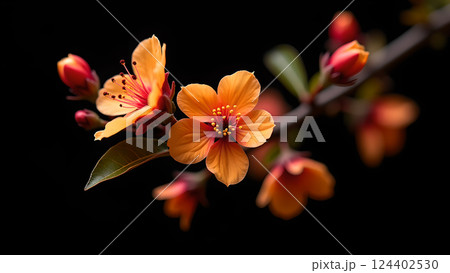 Delicate Peach Blossoms on Branch in Warm Sunset Delicate Peach Blossoms on Branch in Warm Sunset 124402530