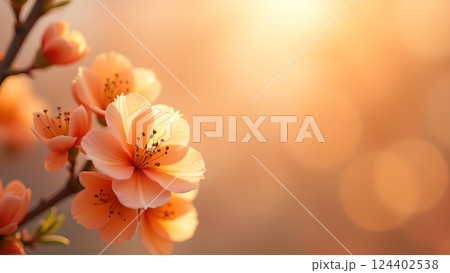 Delicate Peach Blossoms on Branch in Warm Sunset 124402538