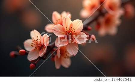 Delicate Peach Blossoms on Branch in Warm Sunset 124402542