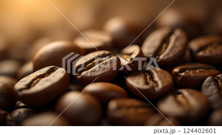 Roasted Aroma: Aromatic Coffee Beans Close-Up Roasted Aroma: Aromatic Coffee Beans Close-Up 124402601