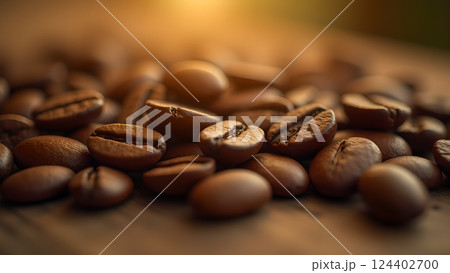 Freshly Roasted Coffee Beans Pile on Wooden Board 124402700