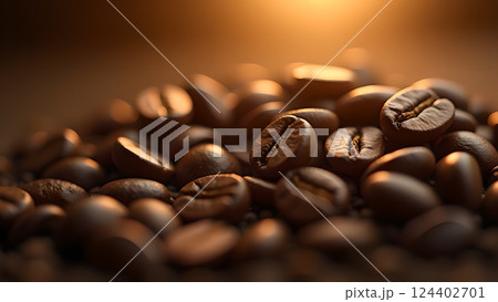 Freshly Roasted Coffee Beans Pile on Wooden Board 124402701