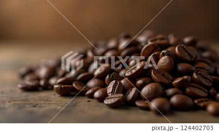Freshly Roasted Coffee Beans Pile on Wooden Board Freshly Roasted Coffee Beans Pile on Wooden Board 124402703