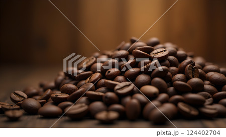 Freshly Roasted Coffee Beans Pile on Wooden Board Freshly Roasted Coffee Beans Pile on Wooden Board 124402704