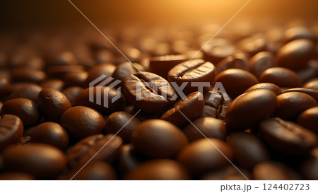 Freshly Roasted Coffee Beans Pile on Wooden Board Freshly Roasted Coffee Beans Pile on Wooden Board 124402723