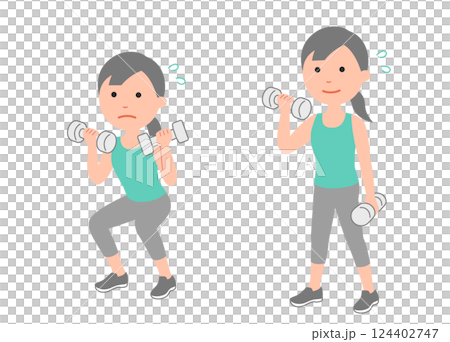 年輕女子用啞鈴進行肌肉訓練，設置 124402747