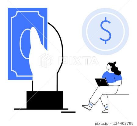 Hand holding a banknote and seated woman using a laptop with a large dollar symbol in the background. Ideal for finance, banking, online transactions, e-commerce, digital payments, economic Hand holding a banknote and seated woman using a laptop with a large dollar symbol in the background. Ideal for finance, banking, online transactions, e-commerce, digital payments, economic 124402799