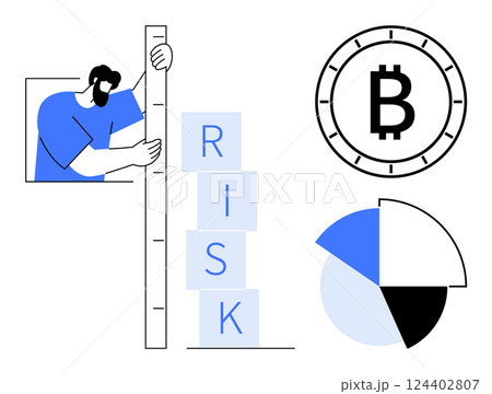 Man measuring risk levels with a ruler and blocks labeled RISK, Bitcoin symbol, and pie chart in blue, black, and white. Ideal for financial analysis, risk management, cryptocurrency, data Man measuring risk levels with a ruler and blocks labeled RISK, Bitcoin symbol, and pie chart in blue, black, and white. Ideal for financial analysis, risk management, cryptocurrency, data 124402807