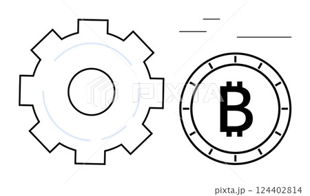 Gear icon next to the Bitcoin symbol inside a digital coin. Ideal for blockchain education, cryptocurrency trading, financial technology, digital innovation, technology tutorials, online courses 124402814