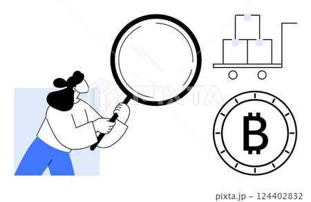 Woman holding magnifying glass examines supply chain logistics with a cart of boxes and a blockchain symbol. Ideal for supply chain management, blockchain technology, logistics, inventory control 124402832
