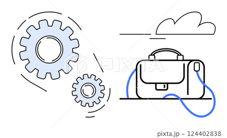 Two cogs symbolize engineering and productivity beside a briefcase, indicating business and management. Ideal for business processes, productivity, engineering, professional growth, project 124402838