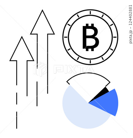 Upward arrows indicating growth, Bitcoin symbol within a clock-like circle, and a segmented pie chart with one highlighted section. Ideal for finance, cryptocurrency trends, economic analysis Upward arrows indicating growth, Bitcoin symbol within a clock-like circle, and a segmented pie chart with one highlighted section. Ideal for finance, cryptocurrency trends, economic analysis 124402881