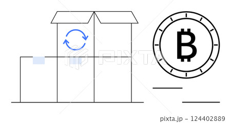 Open cardboard boxes with a refresh symbol beside a Bitcoin icon. Ideal for blockchain, cryptocurrency, e-commerce, shipping, fintech, online trading, digital payments. Line metaphor 124402889