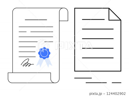 Official document with a blue seal and signature next to a plain document with a folded corner. Ideal for legal, business, certification, contract, agreement, official paperwork, education themes 124402902