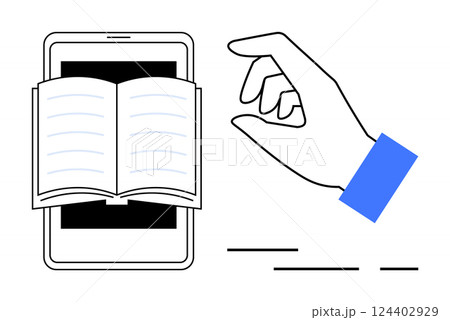 Open book overlaying smartphone screen with a hand gesturing interaction. Ideal for e-learning, online libraries, mobile reading apps, digital publications, education technology, remote learning 124402929