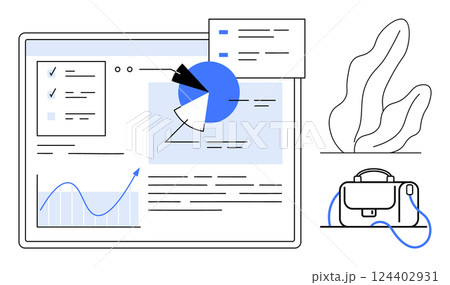 Data analytics dashboard with pie chart, line graph, and task checklist. Plant and briefcase in the background. Ideal for business reports, presentations, project management, data visualization 124402931