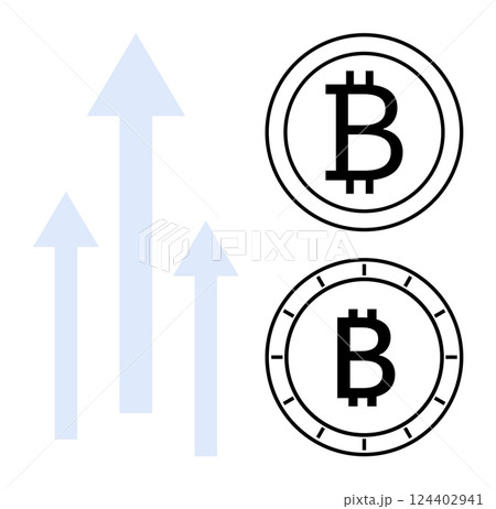 Bitcoin symbols illustrated in two styles beside vertical arrows signifying growth. Ideal for financial analyses, cryptocurrency trends, investment opportunities, blockchain technology, economic 124402941