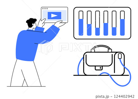 Man holding a device showing a video icon, a briefcase with a strap, and a bar chart with varying levels. Ideal for business tutorials, online learning, corporate presentations, data analysis 124402942