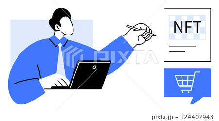 Man working on a laptop and pointing to an NFT document with a pen, accompanied by a shopping cart icon. Ideal for digital art, e-commerce, blockchain, cryptocurrency, finance, technology, and online 124402943