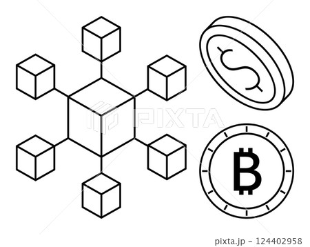 Blockchain network connected to a Bitcoin coin and dollar coin. Ideal for cryptocurrency, blockchain technology, digital transactions, finance, investment, fintech, tech innovation. Line metaphor Blockchain network connected to a Bitcoin coin and dollar coin. Ideal for cryptocurrency, blockchain technology, digital transactions, finance, investment, fintech, tech innovation. Line metaphor 124402958