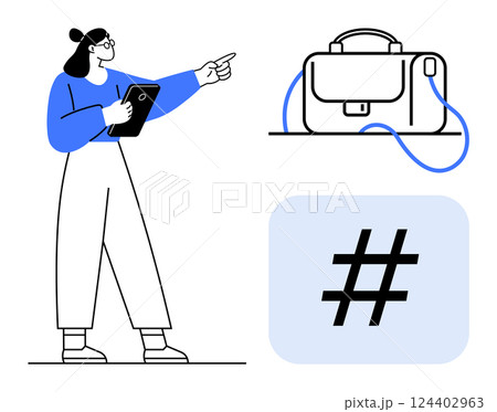 Woman holding tablet pointing, briefcase symbolizing work, metadata tag indicating social media or digital trends. Ideal for business presentations, corporate training, social media strategies Woman holding tablet pointing, briefcase symbolizing work, metadata tag indicating social media or digital trends. Ideal for business presentations, corporate training, social media strategies 124402963