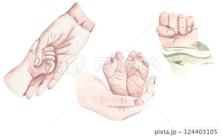Mother and Newborn Baby Hands and Feet set. Motherhood and Family concept. Hand drawn Watercolor illustration for Mother's day isolated on a white background. For Baby shower and Gender Party Cards 124403105
