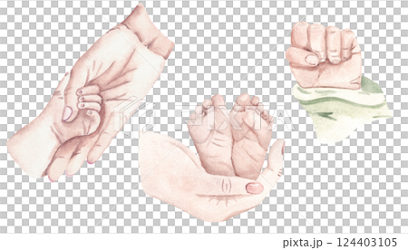 Mother and Newborn Baby Hands and Feet set. Motherhood and Family concept. Hand drawn Watercolor illustration for Mother's day isolated on a white background. For Baby shower and Gender Party Cards 124403105