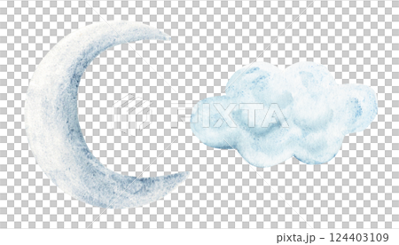 Set of Crescent blue Moon and Cloud. Hand drawn Watercolor illustration isolated on a white background. Baby design elements. For kids goods, prints, cards or invitations. Set of Crescent blue Moon and Cloud. Hand drawn Watercolor illustration isolated on a white background. Baby design elements. For kids goods, prints, cards or invitations. 124403109