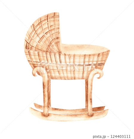 Baby cradle from rattan. Hand drawn Watercolor Crib illustration in eco style. Children's accessory for newborn greeting or birthday cards, baby shower invitations. 124403111