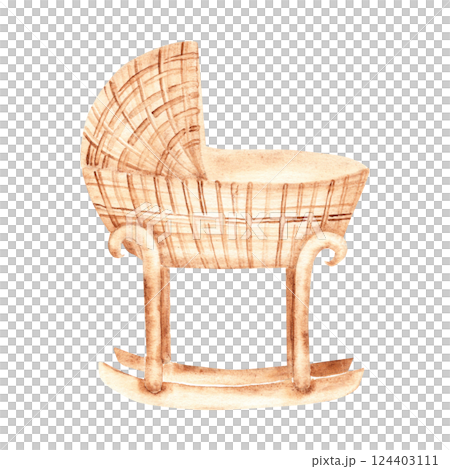 Baby cradle from rattan. Hand drawn Watercolor Crib illustration in eco style. Children's accessory for newborn greeting or birthday cards, baby shower invitations. 124403111