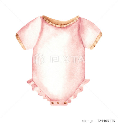 Girl Bodysuit in pink color. Newborn cute underwear clothes. Watercolor hand drawn illustration. Kids design element for newborn greeting or birthday cards, gender reveal party. Girl Bodysuit in pink color. Newborn cute underwear clothes. Watercolor hand drawn illustration. Kids design element for newborn greeting or birthday cards, gender reveal party. 124403113