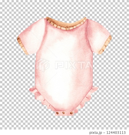 Girl Bodysuit in pink color. Newborn cute underwear clothes. Watercolor hand drawn illustration. Kids design element for newborn greeting or birthday cards, gender reveal party. 124403113