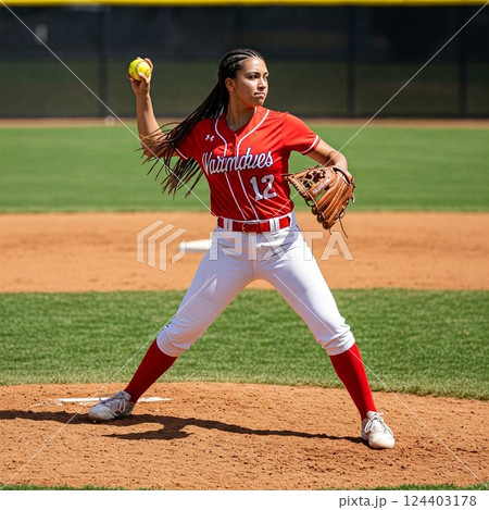 ピッチャーの力強い投球 | 女性アスリートの躍動感 ピッチャーの力強い投球 | 女性アスリートの躍動感 124403178