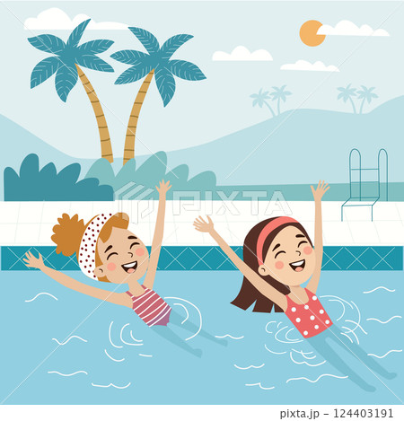 two girls are having fun in the swimming pool 124403191