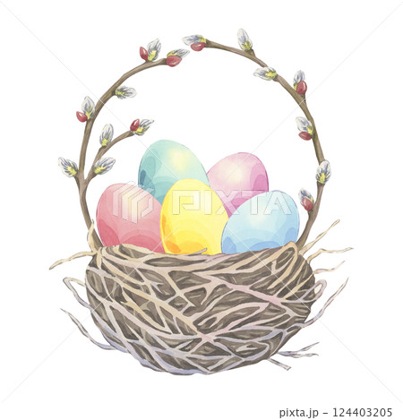 Watercolor bird’s nest with colored easter eggs and catkin on a white background. Willow branch spring decor. Festive hand-drawn composition. Illustration perfect for greeting cards Watercolor bird’s nest with colored easter eggs and catkin on a white background. Willow branch spring decor. Festive hand-drawn composition. Illustration perfect for greeting cards 124403205