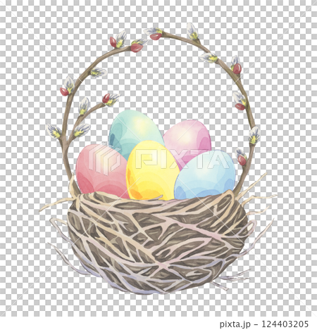 Watercolor bird’s nest with colored easter eggs and catkin on a white background. Willow branch spring decor. Festive hand-drawn composition. Illustration perfect for greeting cards Watercolor bird’s nest with colored easter eggs and catkin on a white background. Willow branch spring decor. Festive hand-drawn composition. Illustration perfect for greeting cards 124403205