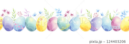 Spring easter seamless border of colorful eggs, flowers and twigs in watercolor technique Spring easter seamless border of colorful eggs, flowers and twigs in watercolor technique 124403206